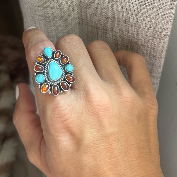 925 and genuine turquoise and amber stone adjustable cluster ring - Picture 5 of 13